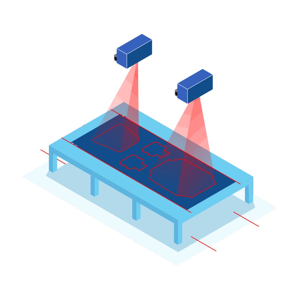A laser projection diagram: overhead projectors marking nested panel outlines onto fabric spread across a cutting table